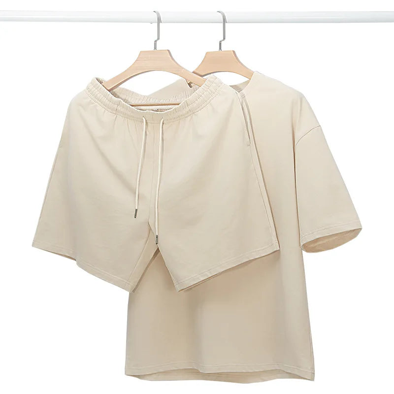 OEM Customized Logo Design summer pure cotton short-sleeved Heavy-weight high-quality T-shirts and shorts with 2-piece suits