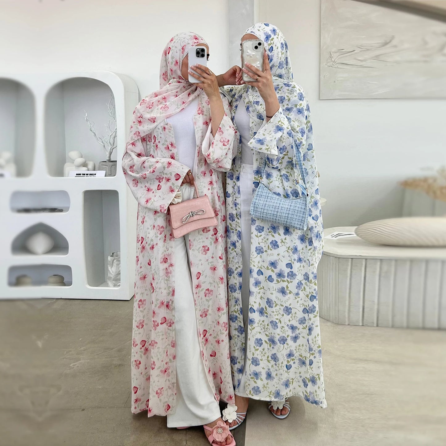 Loriya Ramadan Chiffon Modest Open Abaya Women Muslim Dress 2 Pcs Set with Matching Hijab Scarf Floral Printed Kimono Abaya