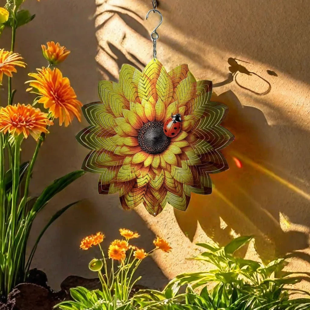 Sunflower Ladybug Wind Spinner Premium Stainless Steel UV-Printed Art Deco Design Customized Color Waterproof Ornament