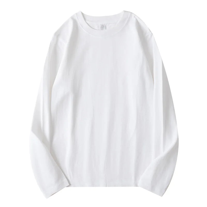 Customizable logo 250g Heavyweight Pure Cotton Long Sleeved T-shirt for Both Men and Women Solid White Round Neck Versatile Bas