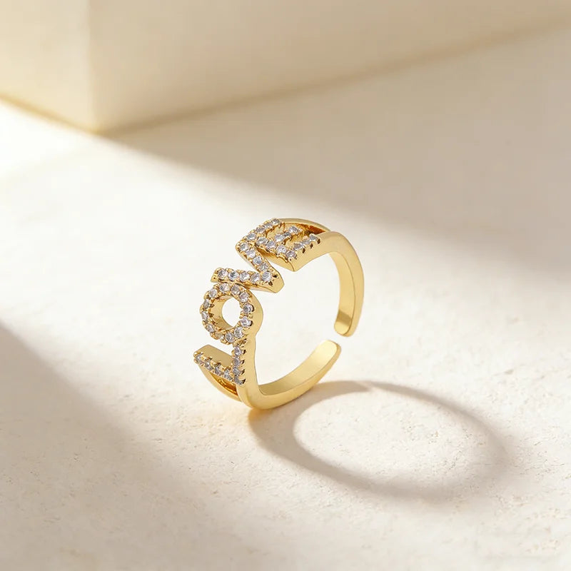 QIKU Letter LOVE Opening Adjustable Ring Women Jewelry Gold Color Copper Zirconia Accessories Beautiful Lover Anniversary Gif