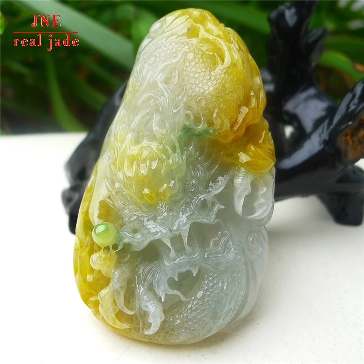 Myanmar Natural a Type Jadeite Jade Pendant Ice-Like Double Color Floating Flowers Dragon Brand Emerald Pendant 71.70