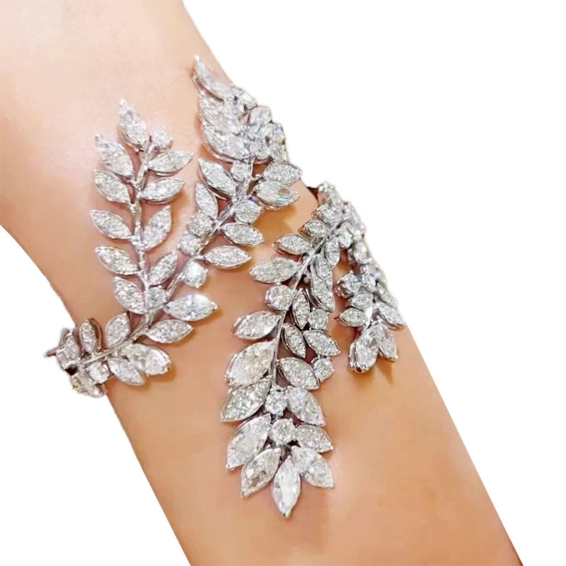 New European and American Personality Leaf Zircon Bracelet Adjustable Opening Stainless Steel Bracelet Arm Ring Fashion Jewelry