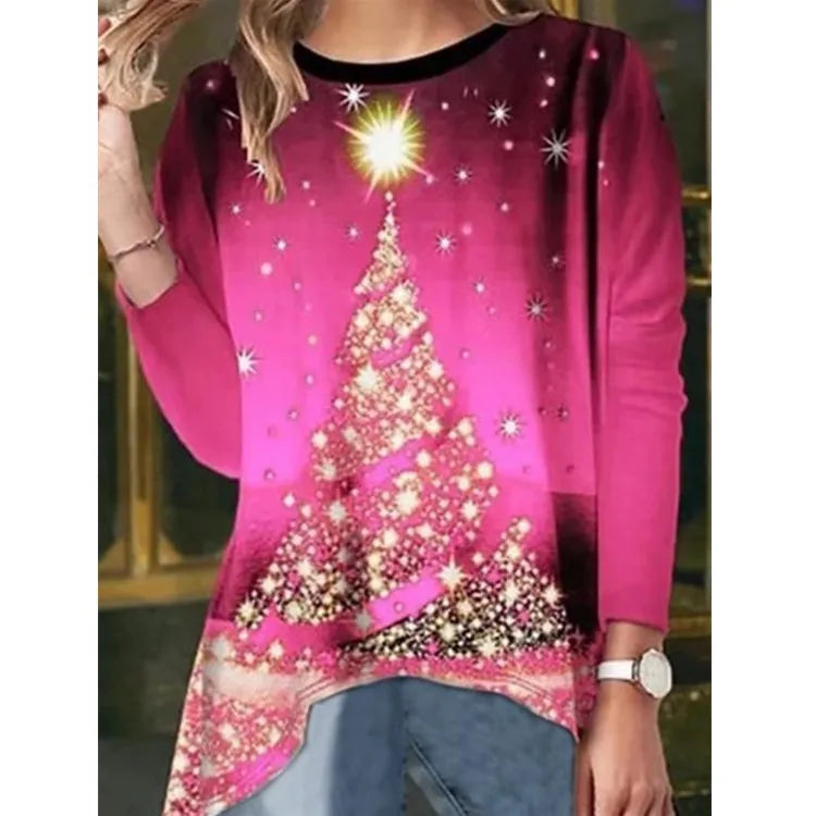 2025 Bestselling European and American Women's Autumn Christmas Tree Printed Crew Neck Long-Sleeve T-Shirt Top