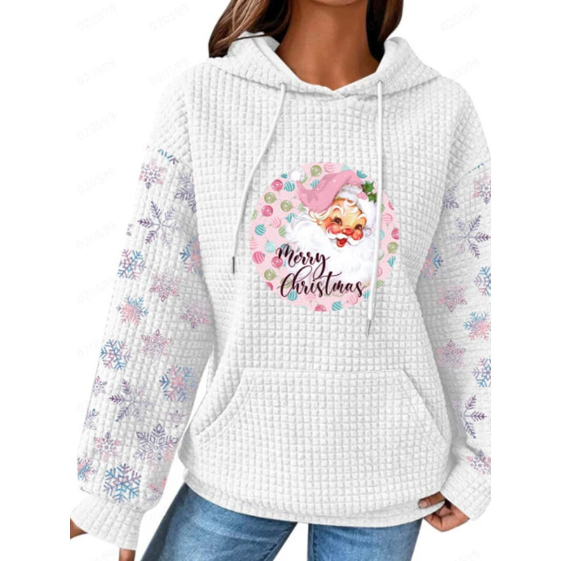 2025 New Style Women's Cartoon Pattern Front Long-Sleeve Hoodies Waffle Fabric Breathable Design for European American Markets