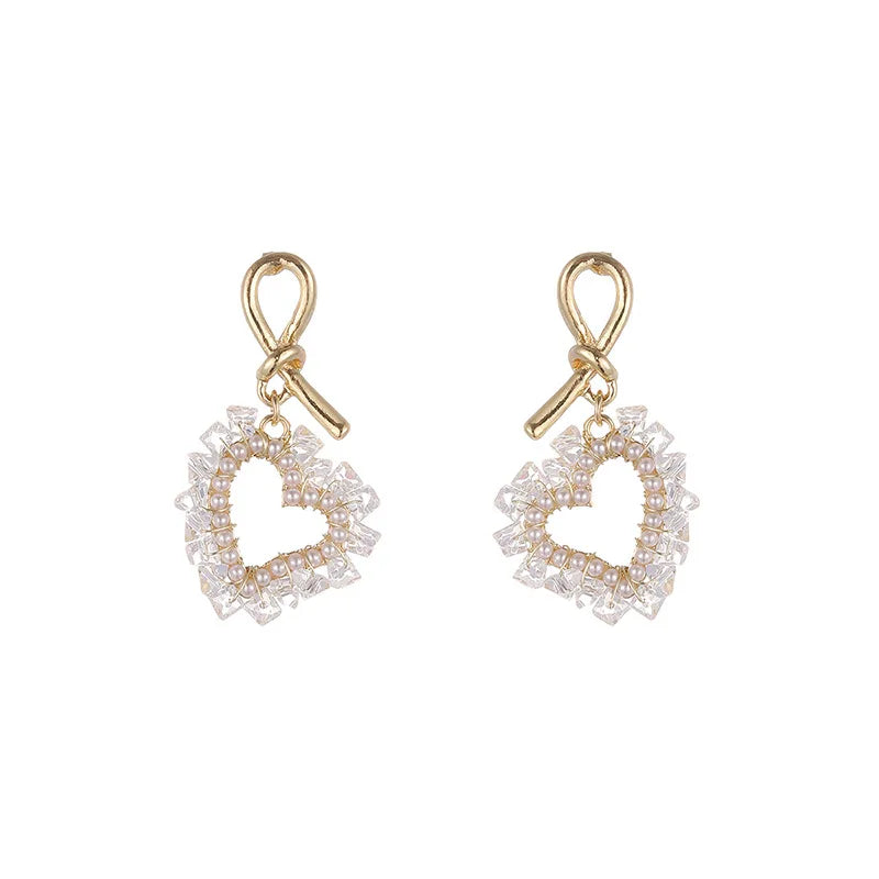 Korean Fashion 925 Silver Needle Crystal Pearl love Heart Earrings Hollow Love Daily Wear Ladies Jewelry for Birthday Party Gift