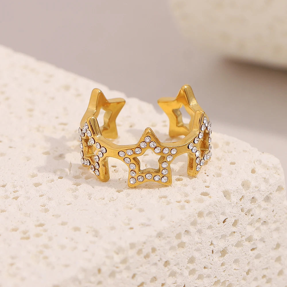 Dreamshow Zircon Jewelry Star Fashion Rings for Women 18k Gold Plated Jewelry Stainless Steel Open Ring