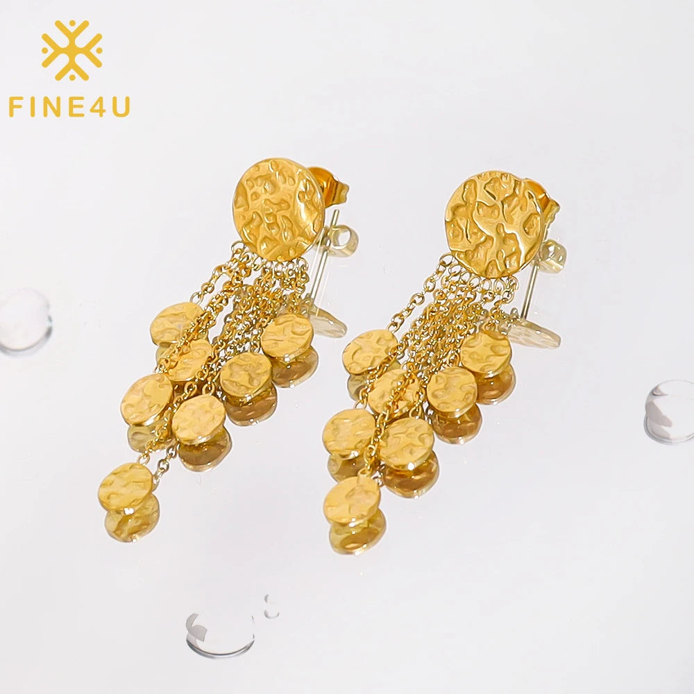 New Arrival 18K Gold Plated Tassel Pendant Earrings Exquisite Stainless Steel Trendy Hammer Texture Earrings for Women