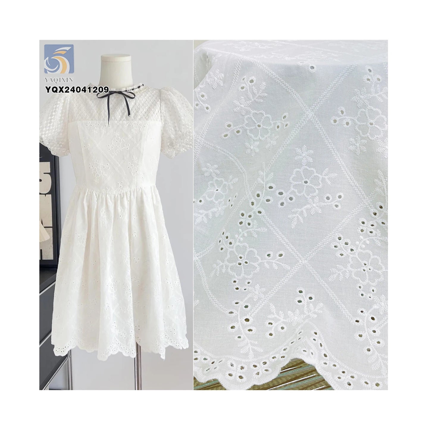Custom Double Sided Wave Embroidery Soft Lace Swiss Lace Dress White 100%Cotton Embroidery Lace Fabric With Holes