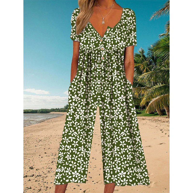 2025 New Foreign Trade Cross - Border Women's Printed Retro Button Polo - Neck Jumpsuit