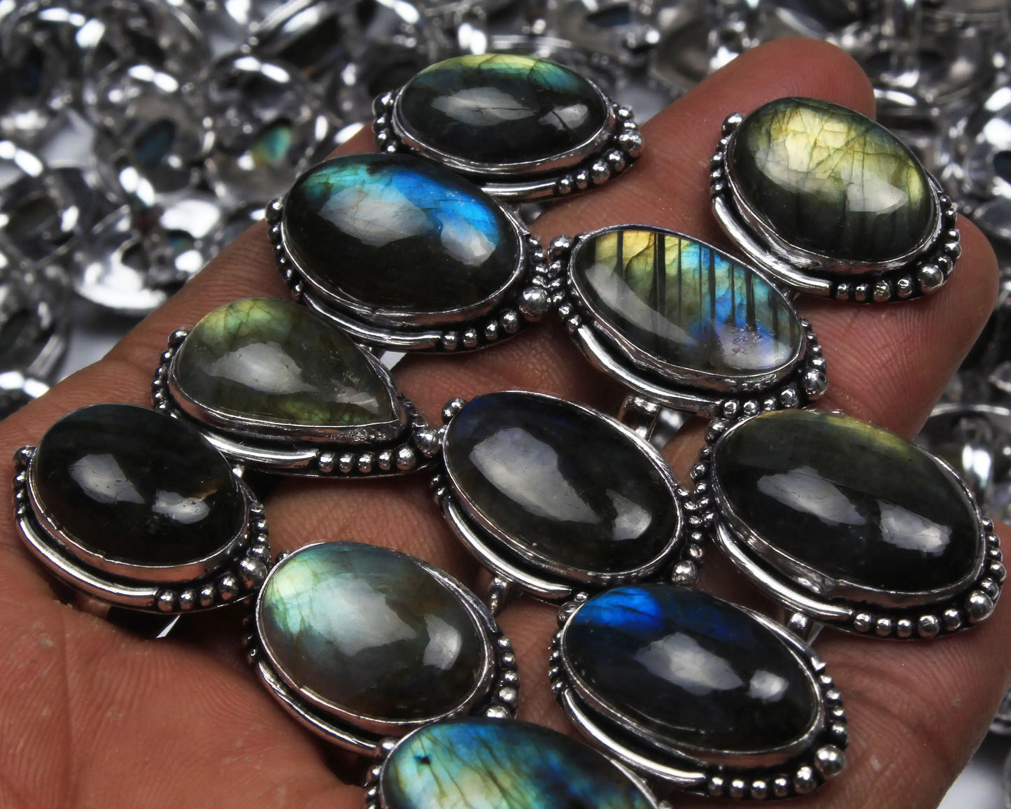 Assorted Bohemian Style Rings Wholesale Solid Brass Natural Labradorite Gemstone Rings Silver Plated Bezel Setting At Best Price