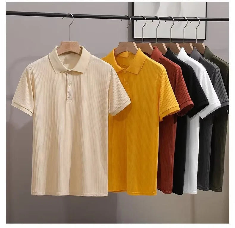 OEM custom logo embroidery printed design Short-sleeved men's summer striped jacquard knitted breathable ice silk t-shirt