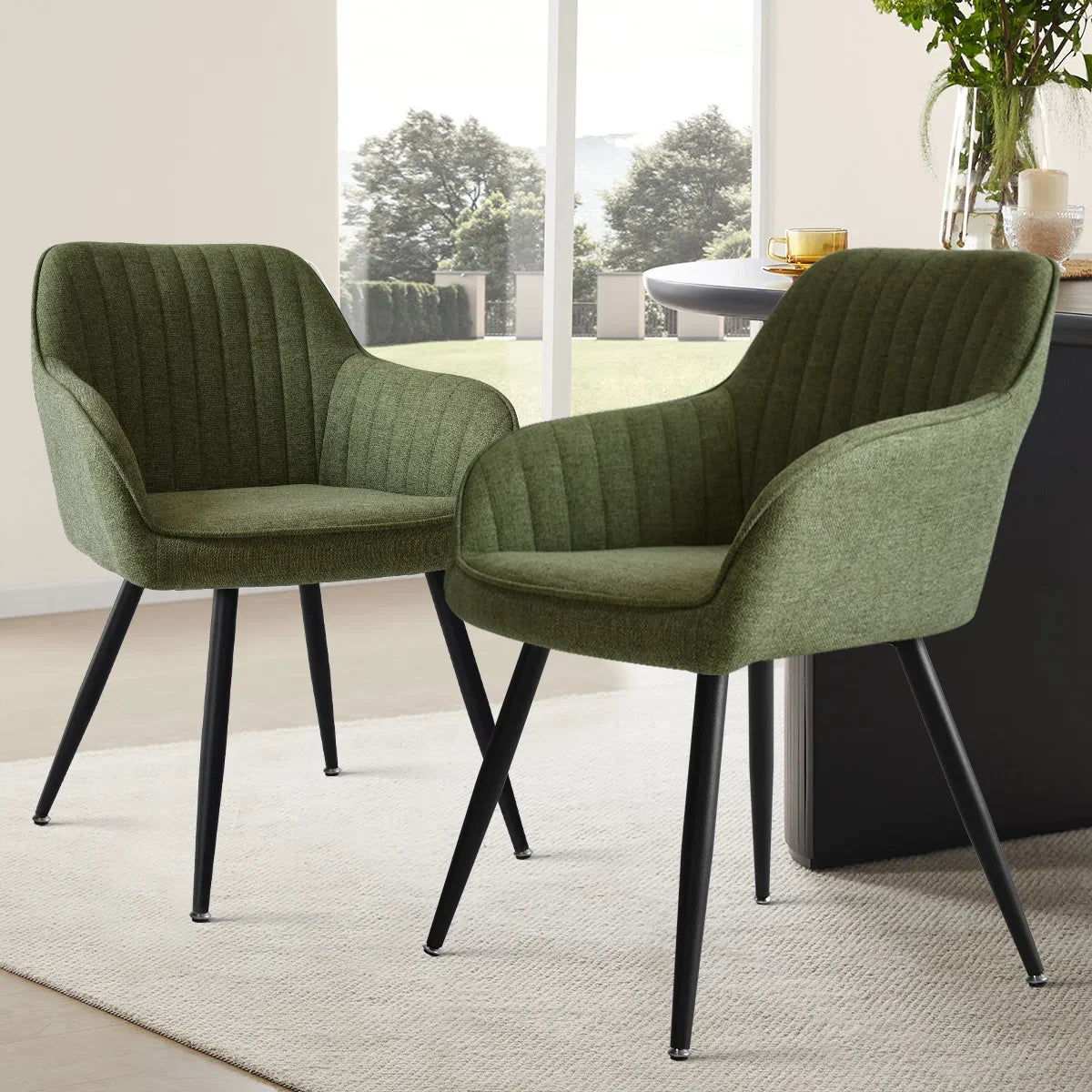 Green Modern Dining Chair with Solid Back & Arm and Fabric Upholstered Seat and Black Metal Frame for Dining Room Living Room