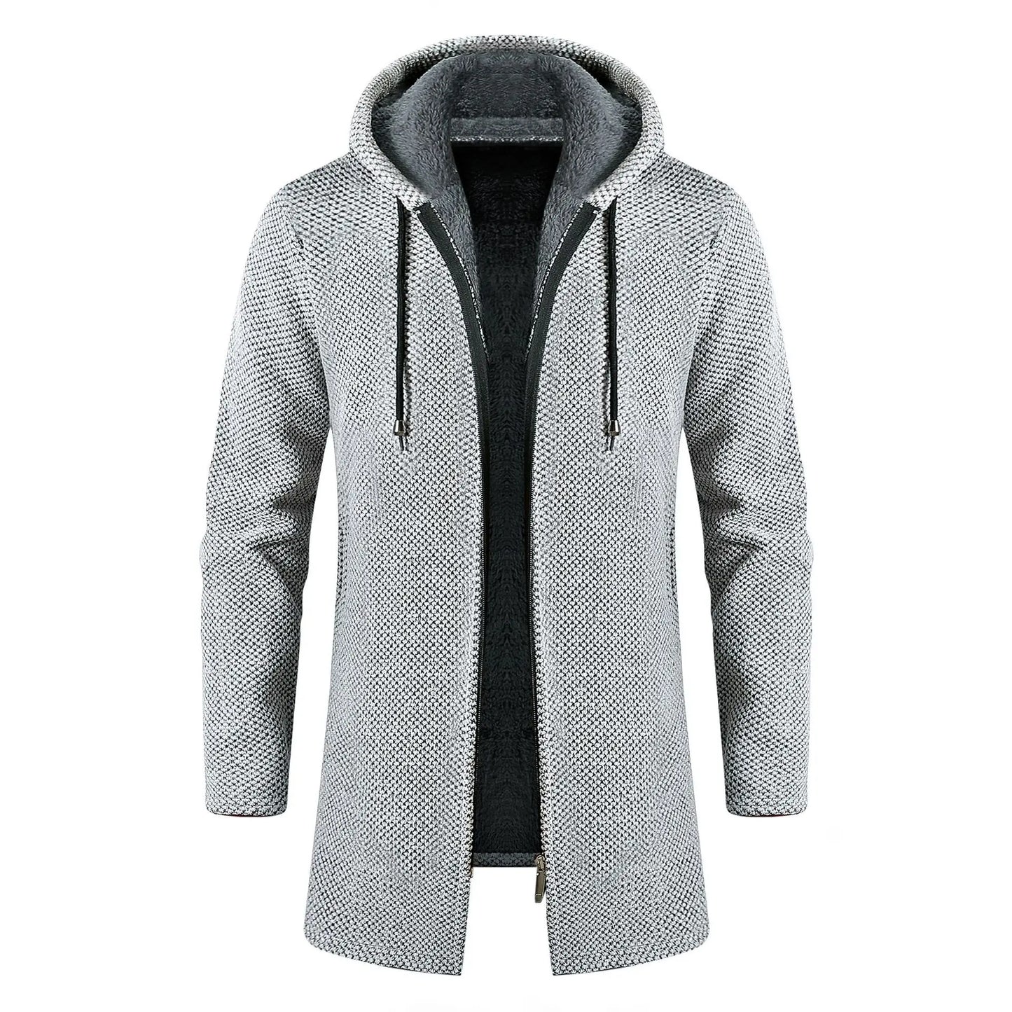 OEM Custom logo Embroidery Printed Design Men's Clothing Mid-length Plus Velvet Thick Solid Color Loose Knitted Hooded Jacket