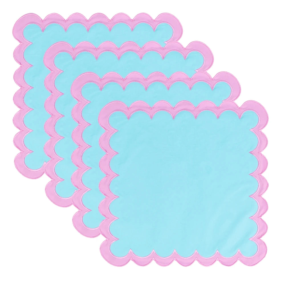 Handmade 100% Cotton Napkins Double-Layer Scallopped with Applique Washable Table Decorate Napkins for Parties