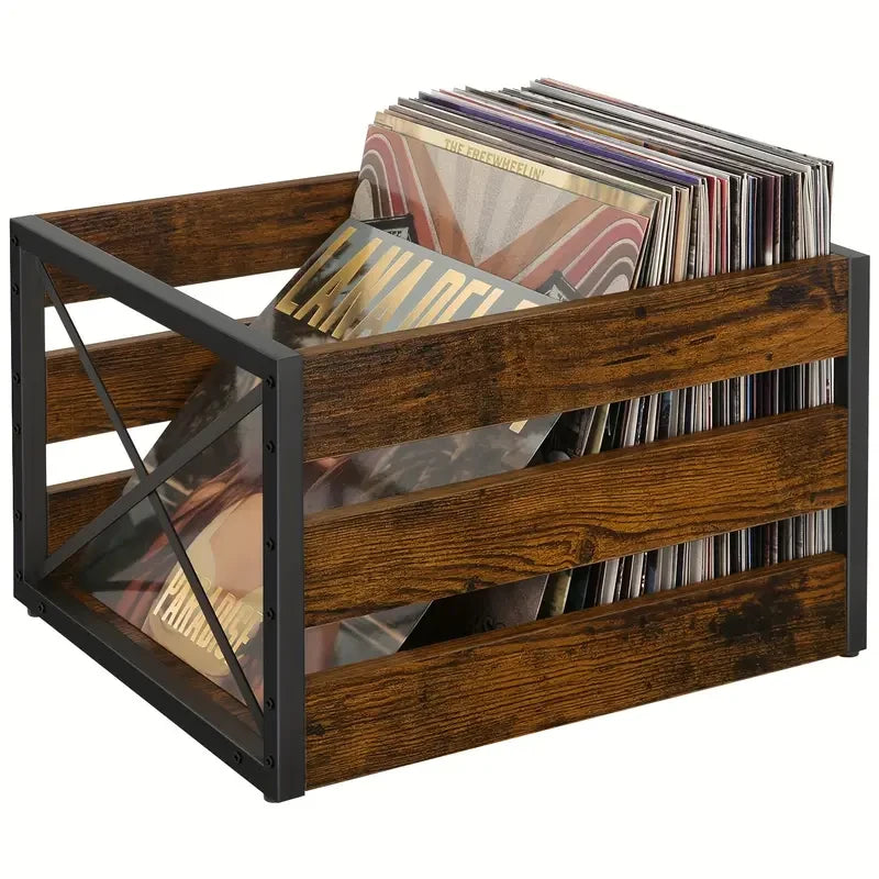 Industrial Metal & Wooden Book Storage Box Easy Assembly Vinyl Record Storage Crate for Jewelry & Album Storage Rectangle Shape