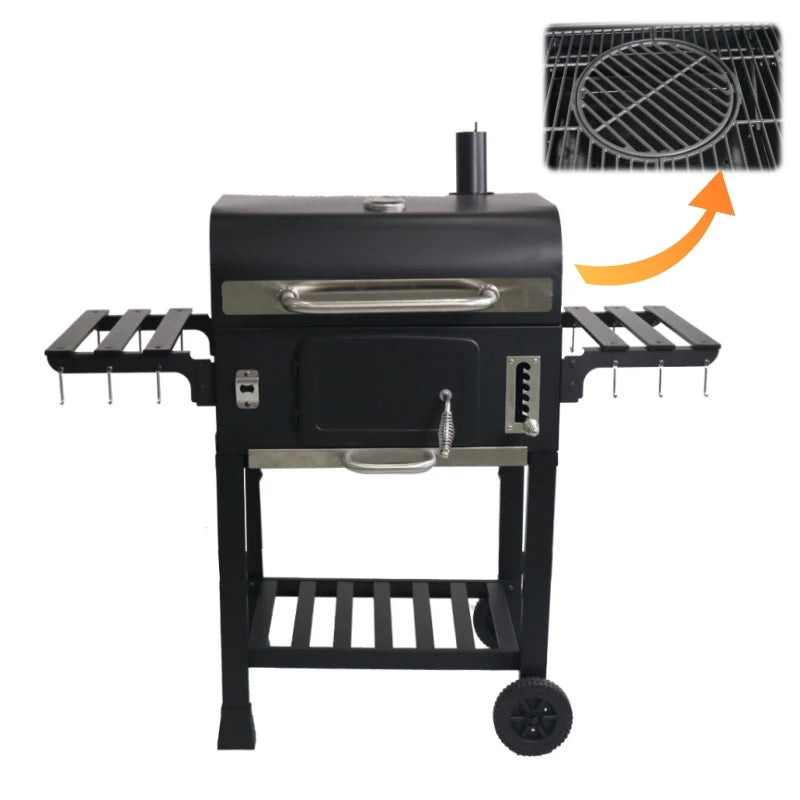 American Heavy Duty Steel Powder Coated Charcoal Smoker Grill with Cast Iron Grate Trolley & Folding Design for Garden Use