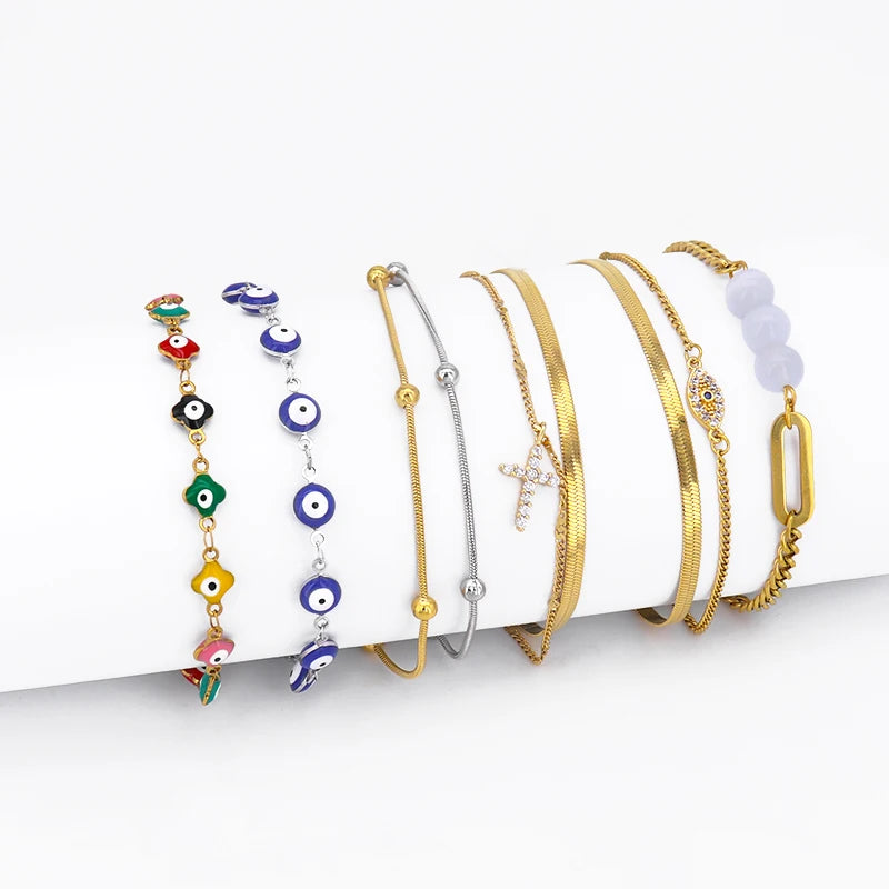 Turkish Devil Eye Colorful Anklet Simple Waterproof Double Chain Women's 18K Pvd Stainless Steel Cross Jewelry Anklet