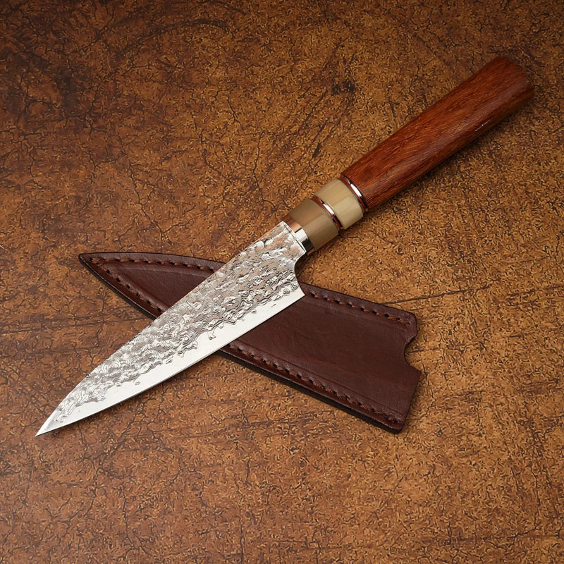Japanese VG10 Damascus Steel Blade 67 Layers Hammered Cloud Pattern Fruit Knife Golden Rosewood Natural Buffalo Horn Handle