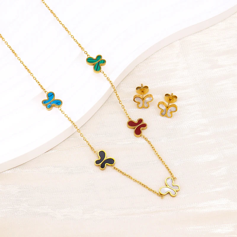 Summer Color Enamel Butterfly Necklace Earrings PVD Nickel & Copper Free Jewelry 316L Stainless Steel Jewelry Set for Women