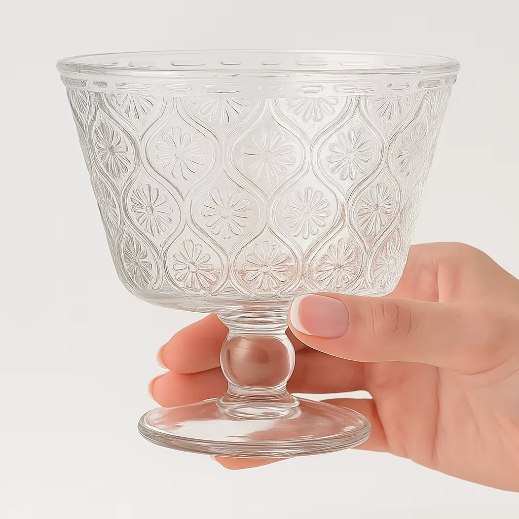 Classic Luxury Transparent Handmade Embossed Glass Goblet Bowl Hand Blown Drinkware for Ice Cream Dessert Salad Yogurt Party Use