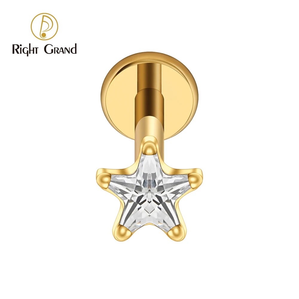 Star CZ Flat Back Stud Earring Piercing Titanium Internal Thread 16G Helix Tragus Cartilage Lip Piercing Jewelry