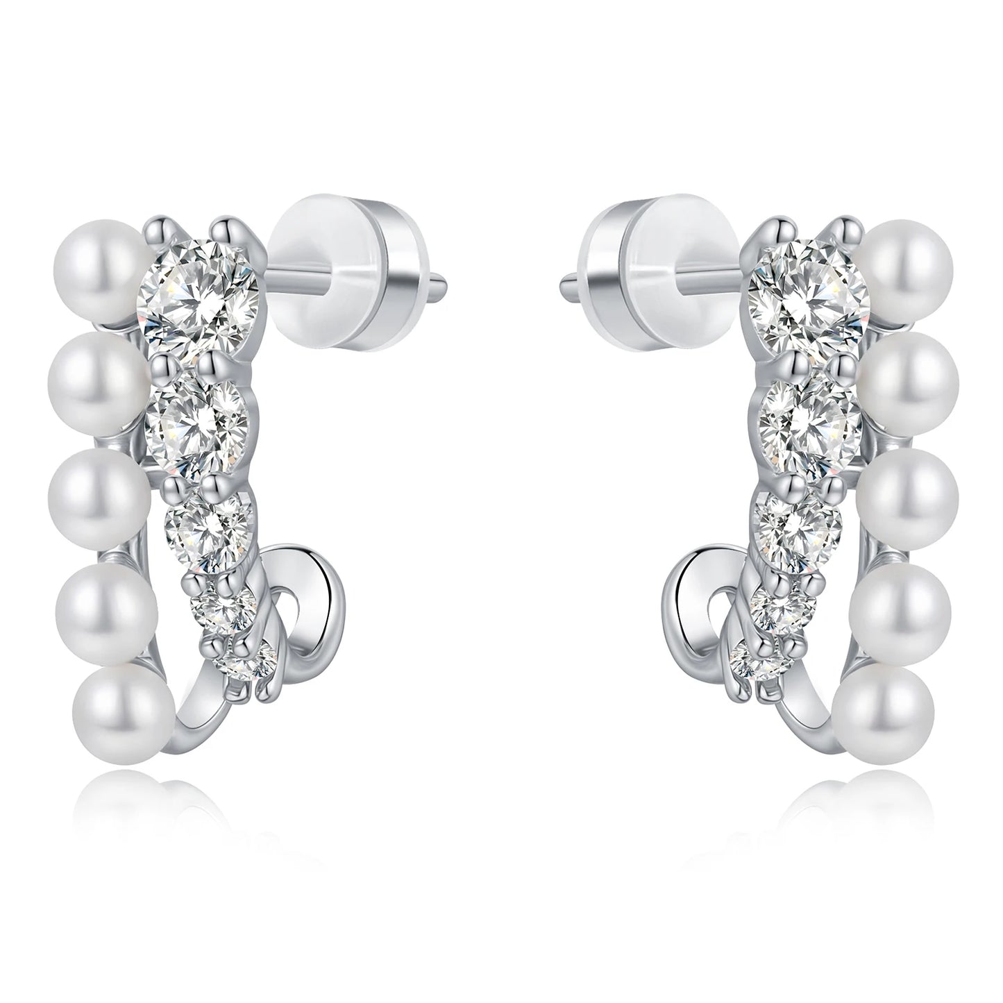 New Silver Color Double-Layer Crystal Pearl Bright White Zirconia Stud Earrings Women's Jewelry Factory Wholesale