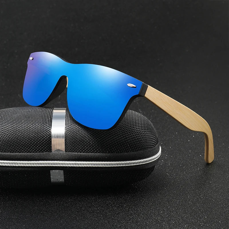 Wholesale Oversized Sunglasses with Handmade Bamboo Frame Blue Green Lens Colors Tac Material Man Woman Sun Shades Eyewear China