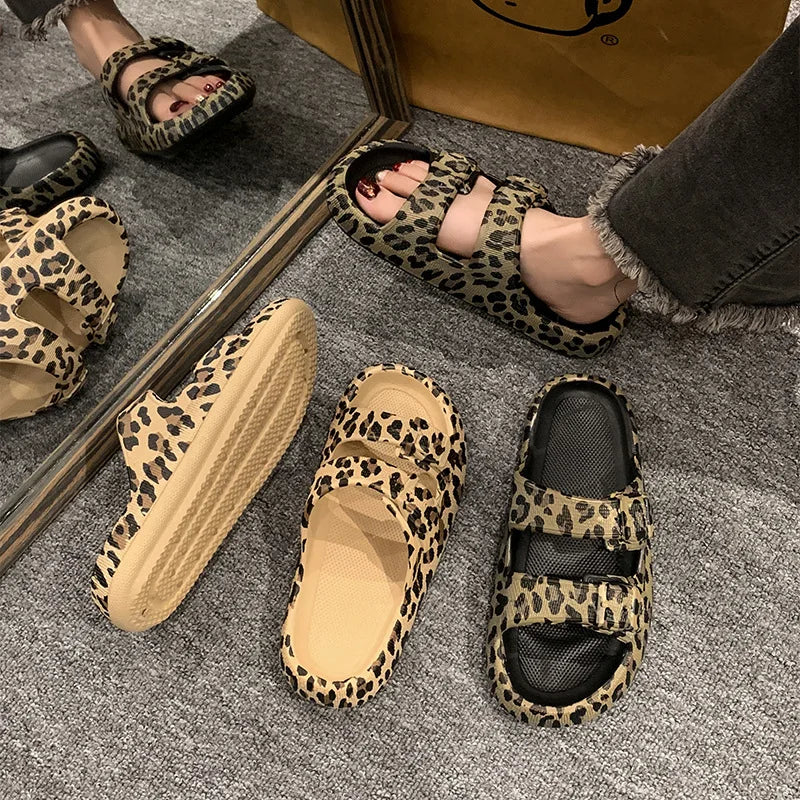 2024 New Fashion Trend Spring Summer Ladies Leopard Print Platform Open Toe Outdoor Beach EVA Flat Light Weight Anti-Slip