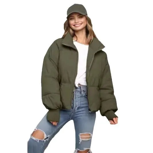 2025 New Korean Style Short Thickened Cotton Jacket for Petite Women Casual Ins Zipper Button Loose Cotton Coat for Winter