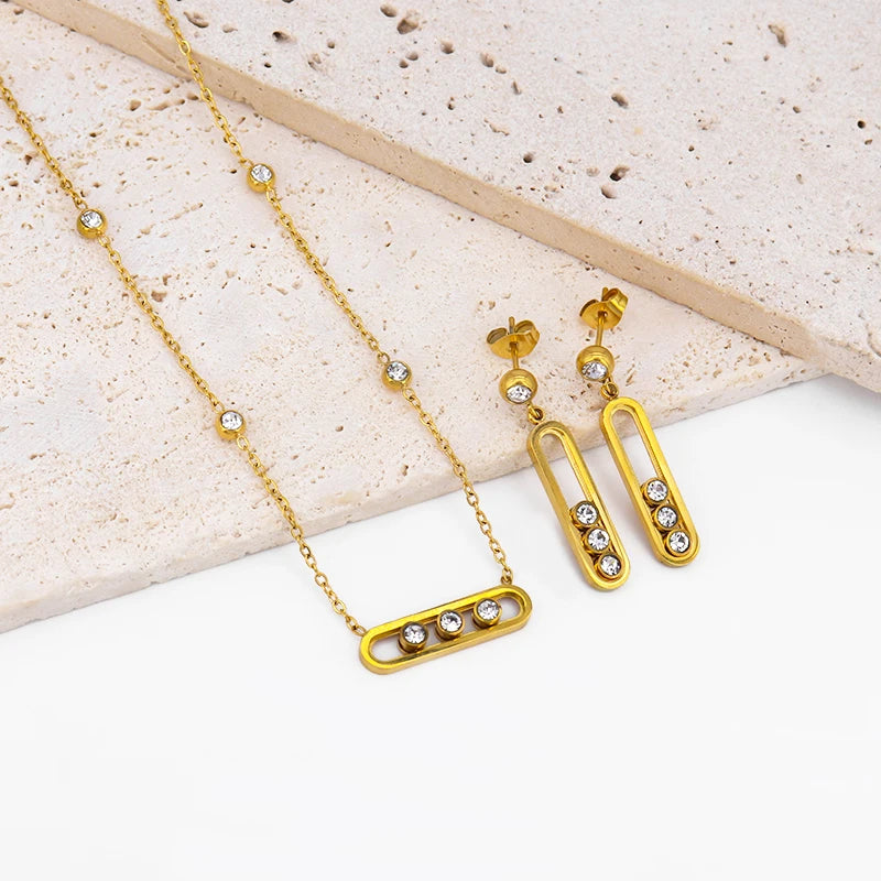 Custom Inlaid Zircon Square Pendant Necklace 18k Gold Women Stud Earrings Fashion Stainless Steel Designer Jewelry Set