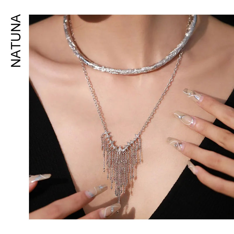 Natuna Fashion Sense 925 Silver Lava Star V-Shaped Tassel Necklace for Women Romantic Fine Necklaces for Wedding