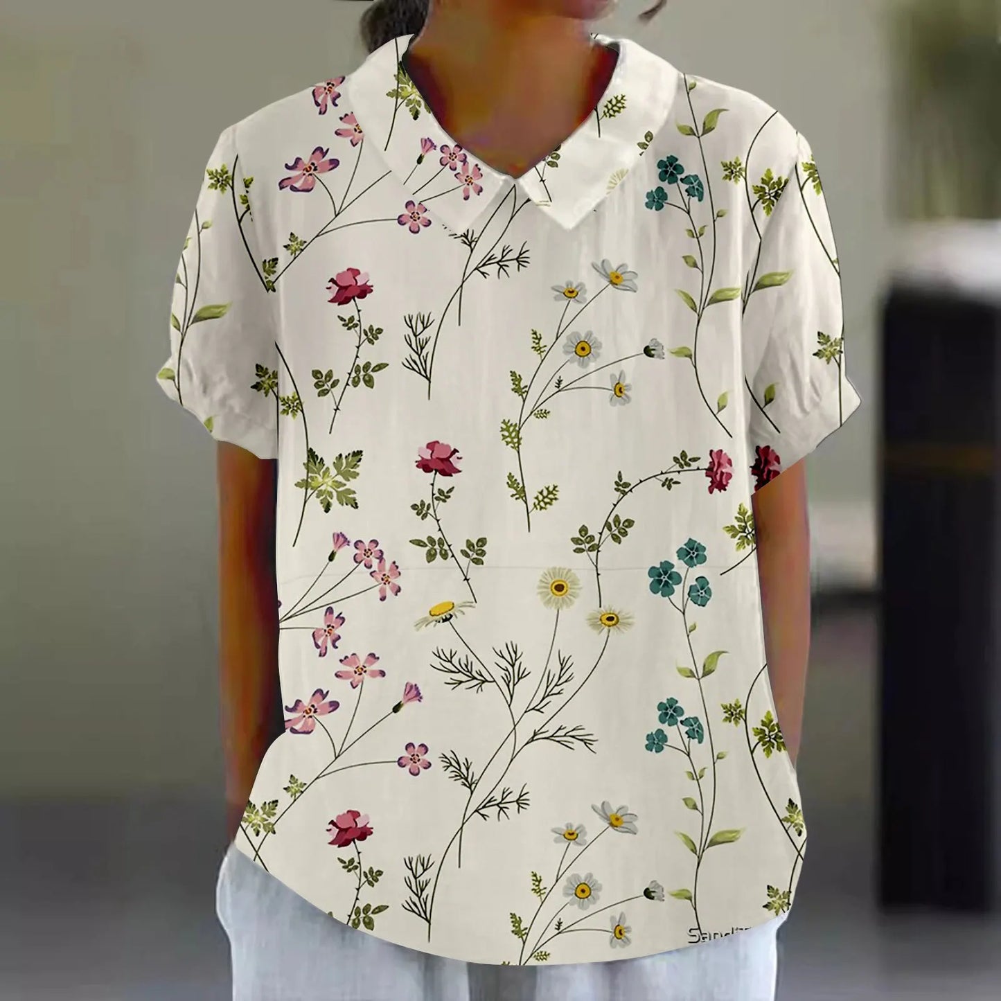 2025 Fashionable Comfortable and Casual Summer Short-sleeved Printed Pullover with Rolled Collar Shirt