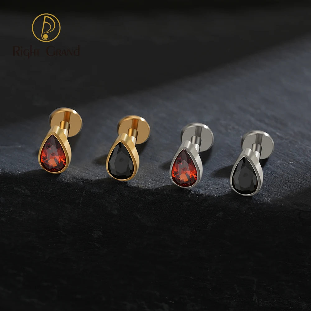 ASTM F136 Titanium Internal Thread Teardrop Garnet Labret Ring Flat Back Cartilage Stud Earring Conch Helix Lip Piercing Jewelry