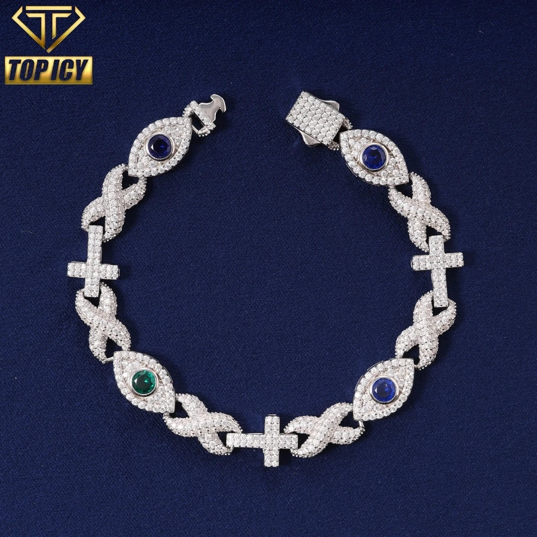 Men's Hip Hop Jewelry Fashionable Sterling Silver 925 Infinity Cross Evil Eye Cuban Bracelet Iced VVS Moissanite Diamond Gift