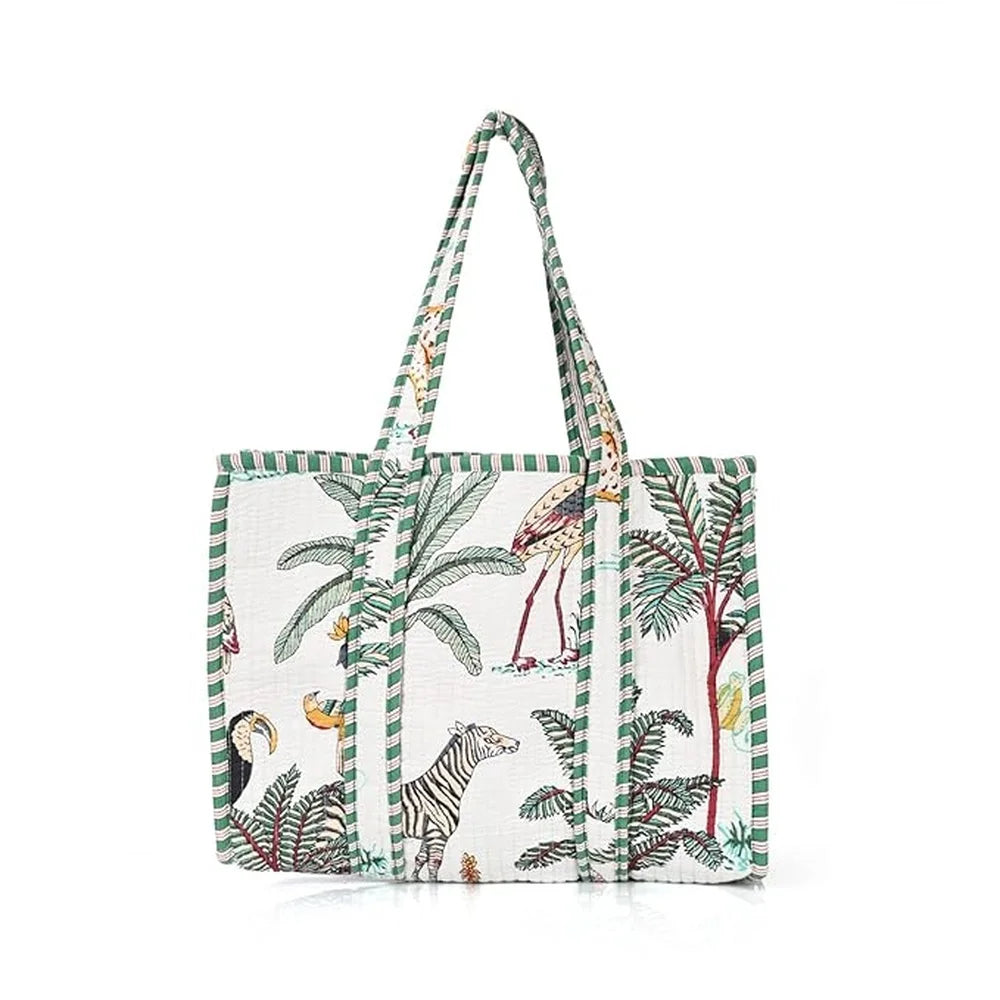 Trendy Eco-Friendly Vintage Fashion Bohemian Lady Canvas Tote Bag Zipper Colorful Safari Design Lightweight Strong Women Travel