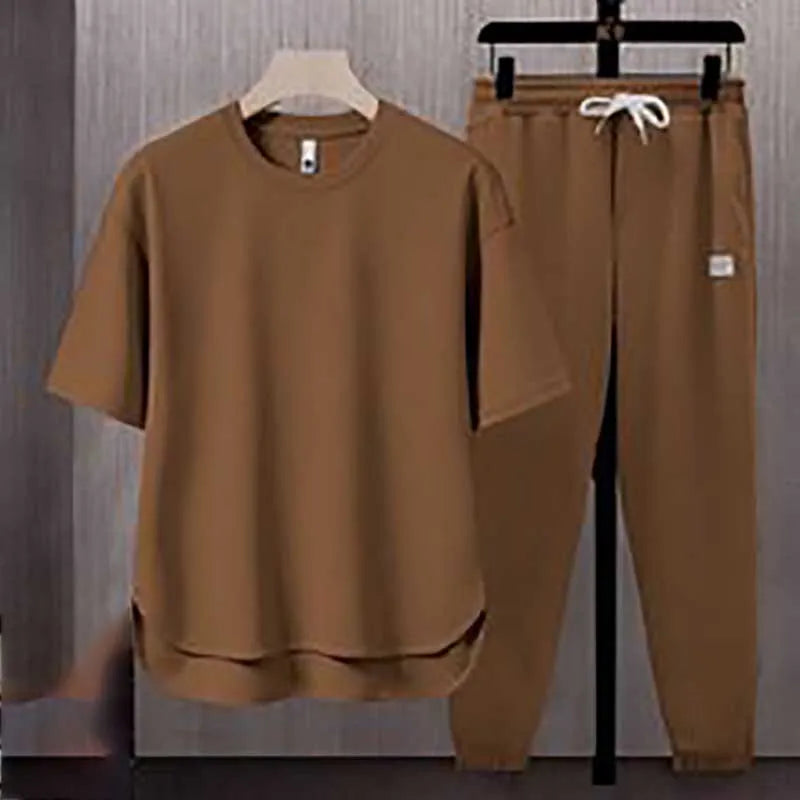 OEM Custom Printed Men's Solid Color Men's T-shirt 2025 Summer Japanese Trend Ins Short-sleeved Trousers Two-piece  Set