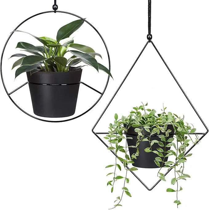 Pioneera Set of 2 Modern Metal Diamond Circle Hanging Planters Pots 6 Inch Planter Black for Home Use
