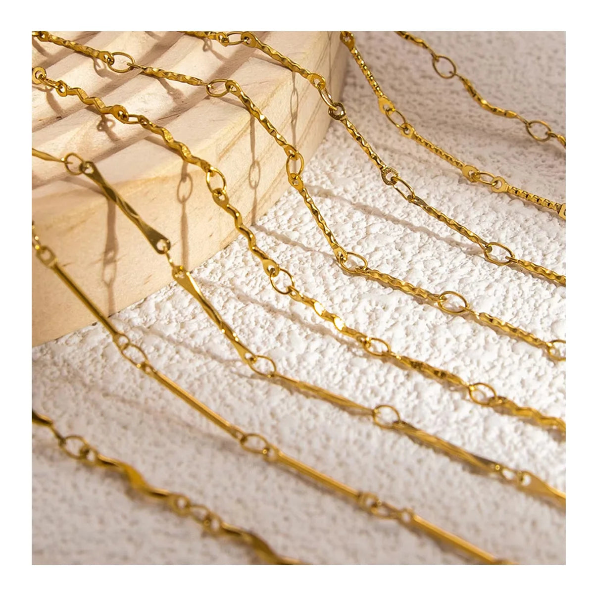 Wholesale Custom 18k 22k Gold Plated Bar Chain Necklace Bulk Stainless Steel Bending Link Thin Chain DIY for Jewelry Making