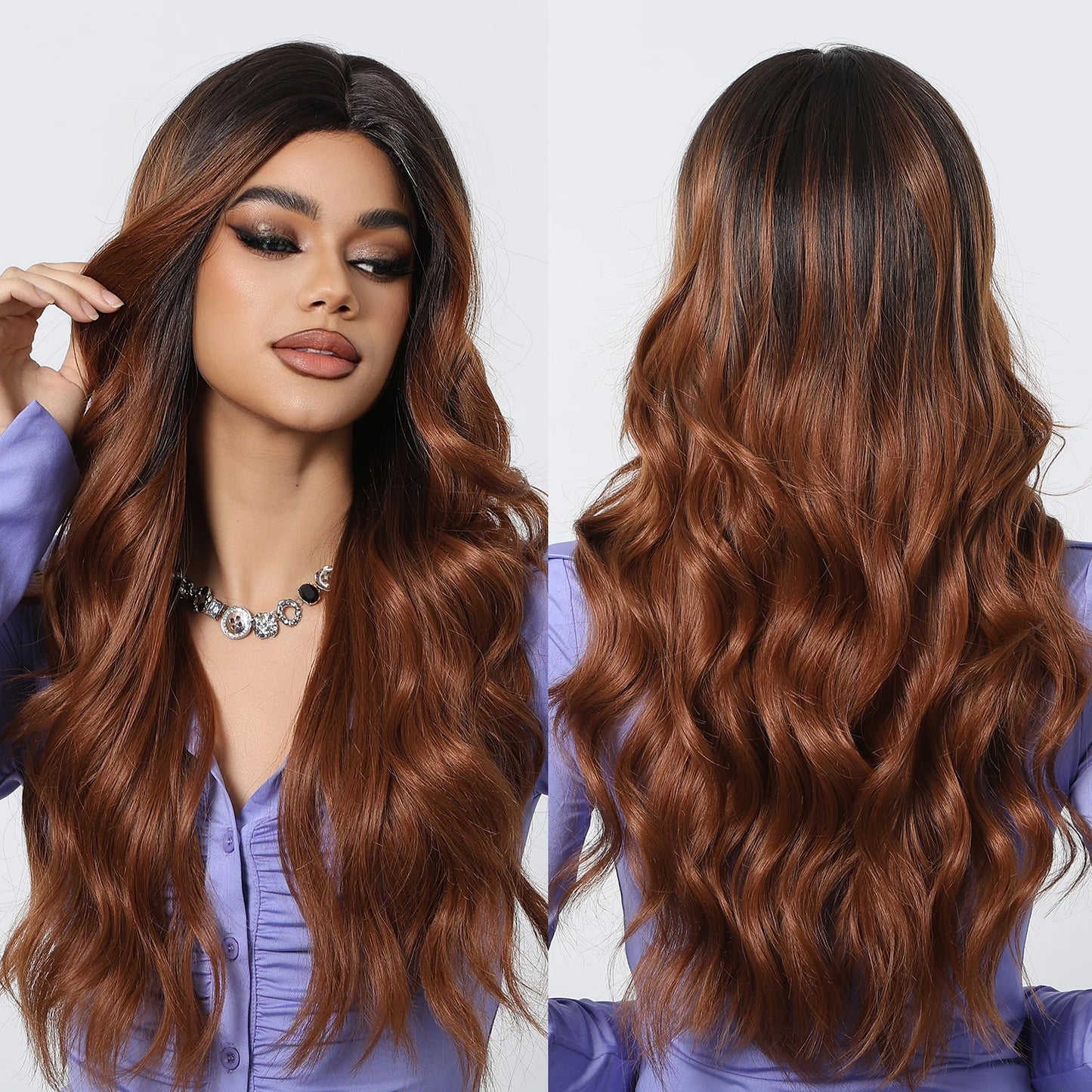 Front Lace Ombre Hairline Lace Synthetic Wigs Long Curly Red Brown Copper Wigs for Women Heat Resistant Cosplay Daily Use Hair