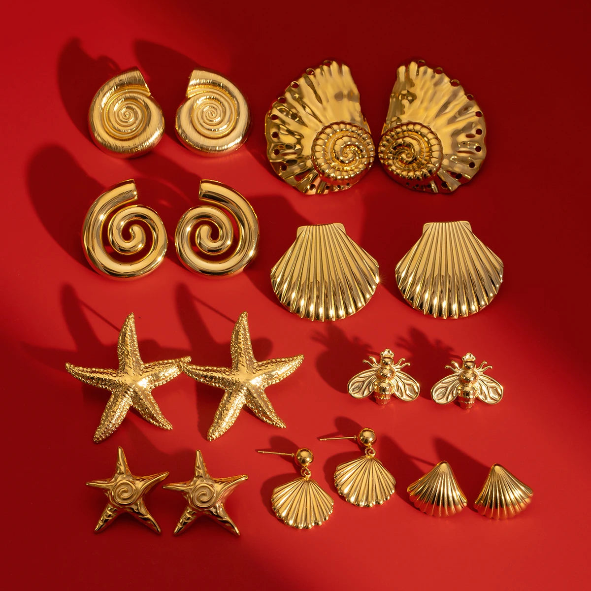JD 18K PVD Gold Plated Stainless Steel Stud Earrings Trendy Waterproof Ocean Starfish Shell Earrings