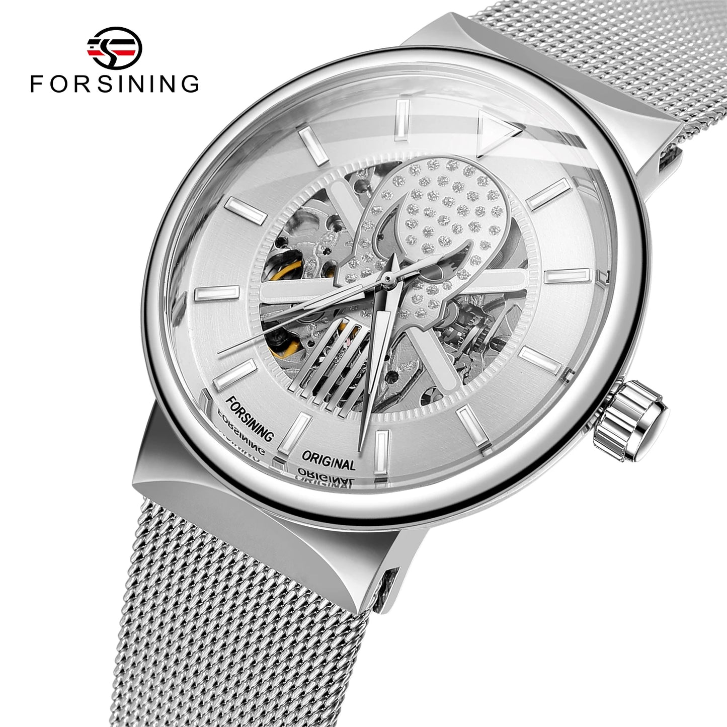Forsining Men Luminous Rhinestone Skull Shape Watches Unique Automatic Mechanical 3D Skeleton Watch With Mesh Steel Band for Man