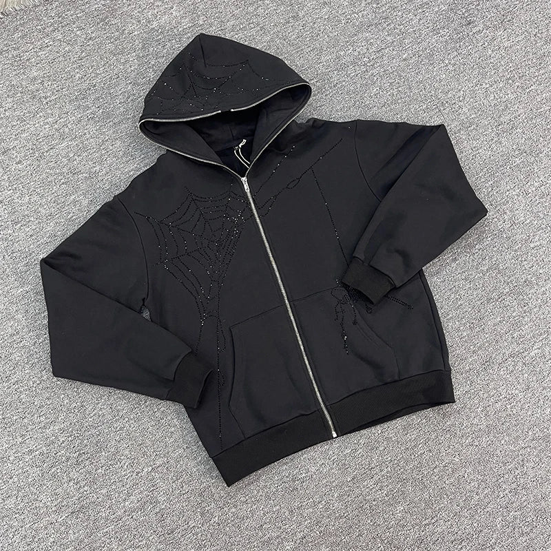Custom Full Face Zip up Oversize Black Hoodies Foam Print Letter Rhinestone Printing Hoodies Heavyweight French Terry Hoodies