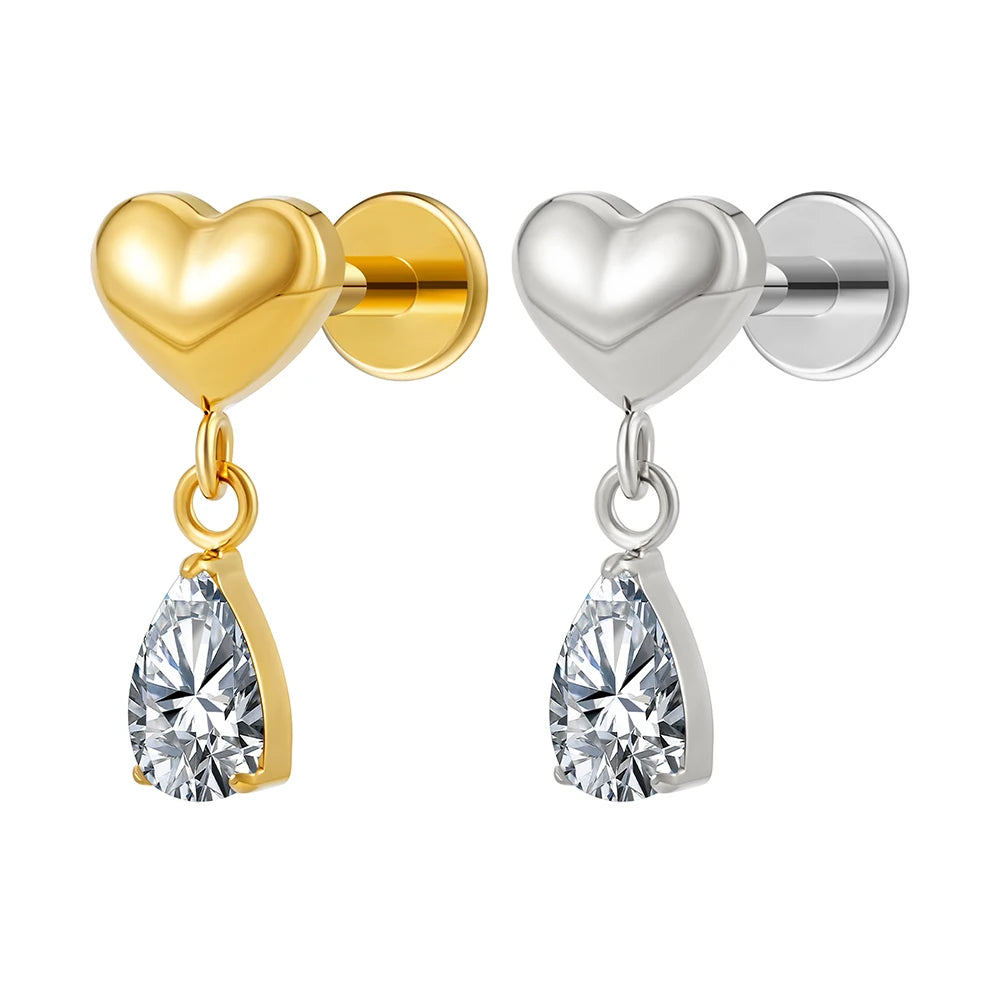 Right Grand ASTM F136 Titanium 16G Heart Cartilage Earring with Dangling Teardrop CZ Helix Tragus Labret Stud Piercing Jewelry