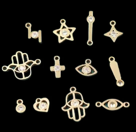 GP Hour Second Hand Eye Shape Hamasa Hands CZ Stone Charms Connector 20ga Thick Wholesale 1/20 14K Yellow GF