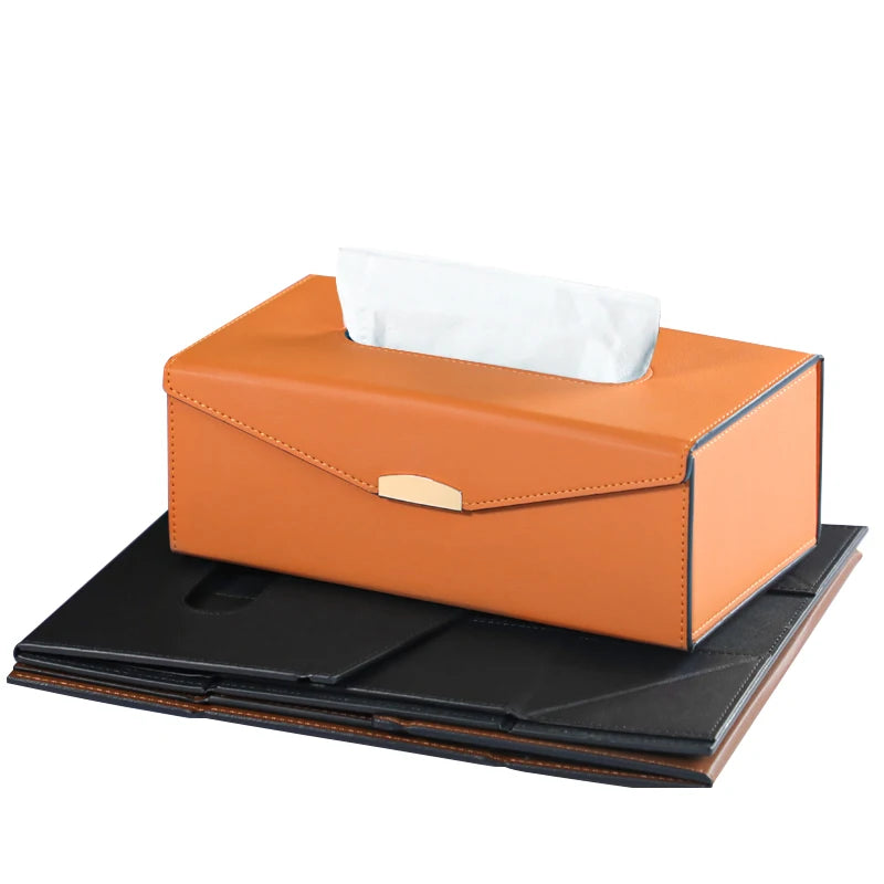 Orange PU Leather Foldable Napkin Dispenser for Restaurant Rectangular Holder Pumping Paper Home Foldable Tissue Box Holder