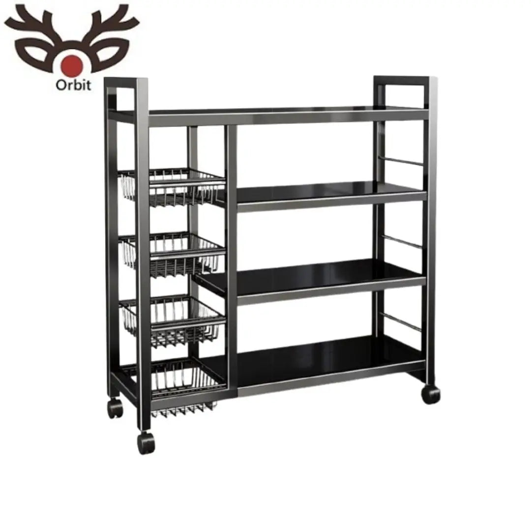 Modern Carbon Steel 4-Tier Kitchen Storage Rack Wheels Rolling Shelf Organizer Kitchenware GO-S009B Black/White Multi-Functional