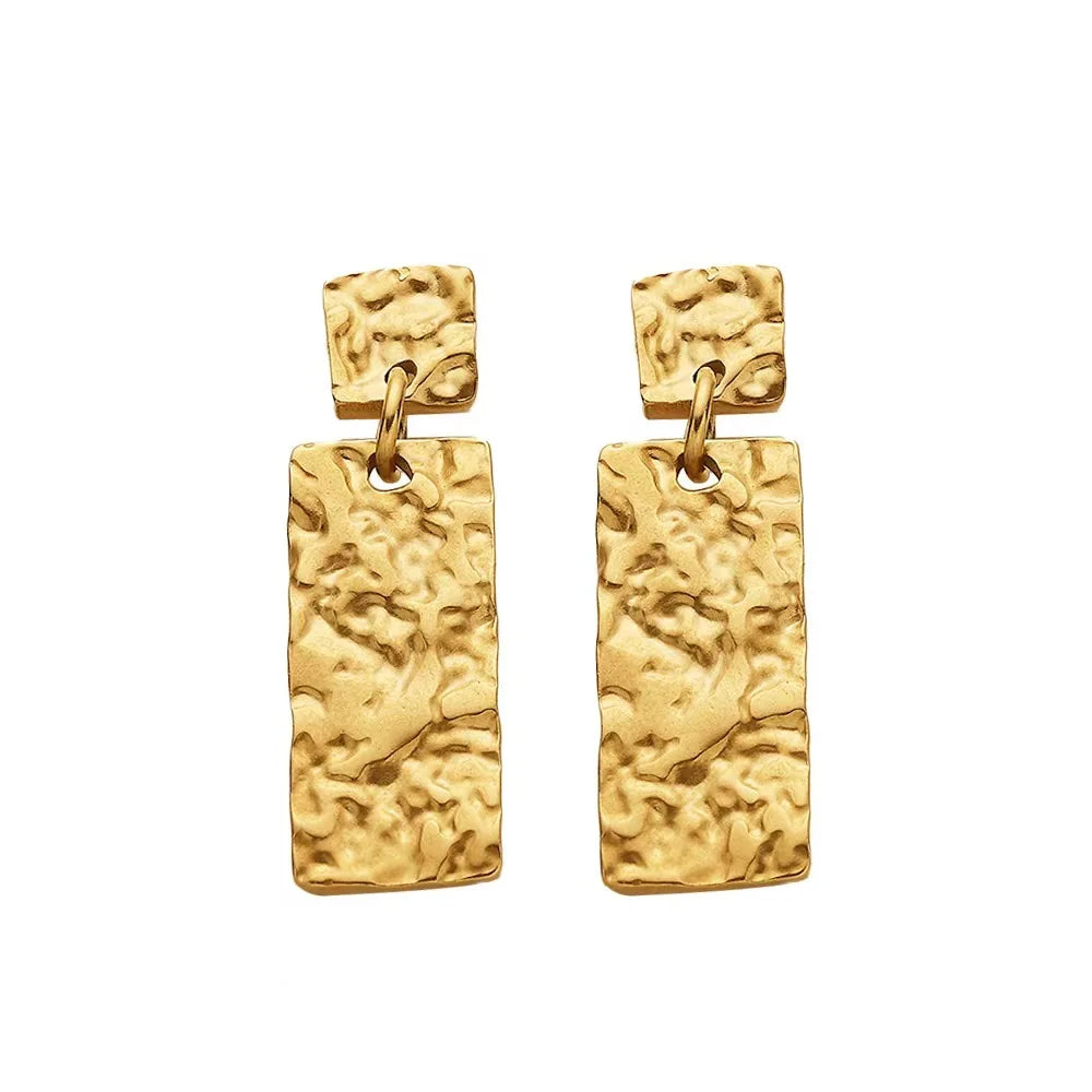 18K PVD Gold Plated Dressy Big Rectangle Hammered Vintage Nugget Texture Drop Earring Stainless Steel Jewelry for Women