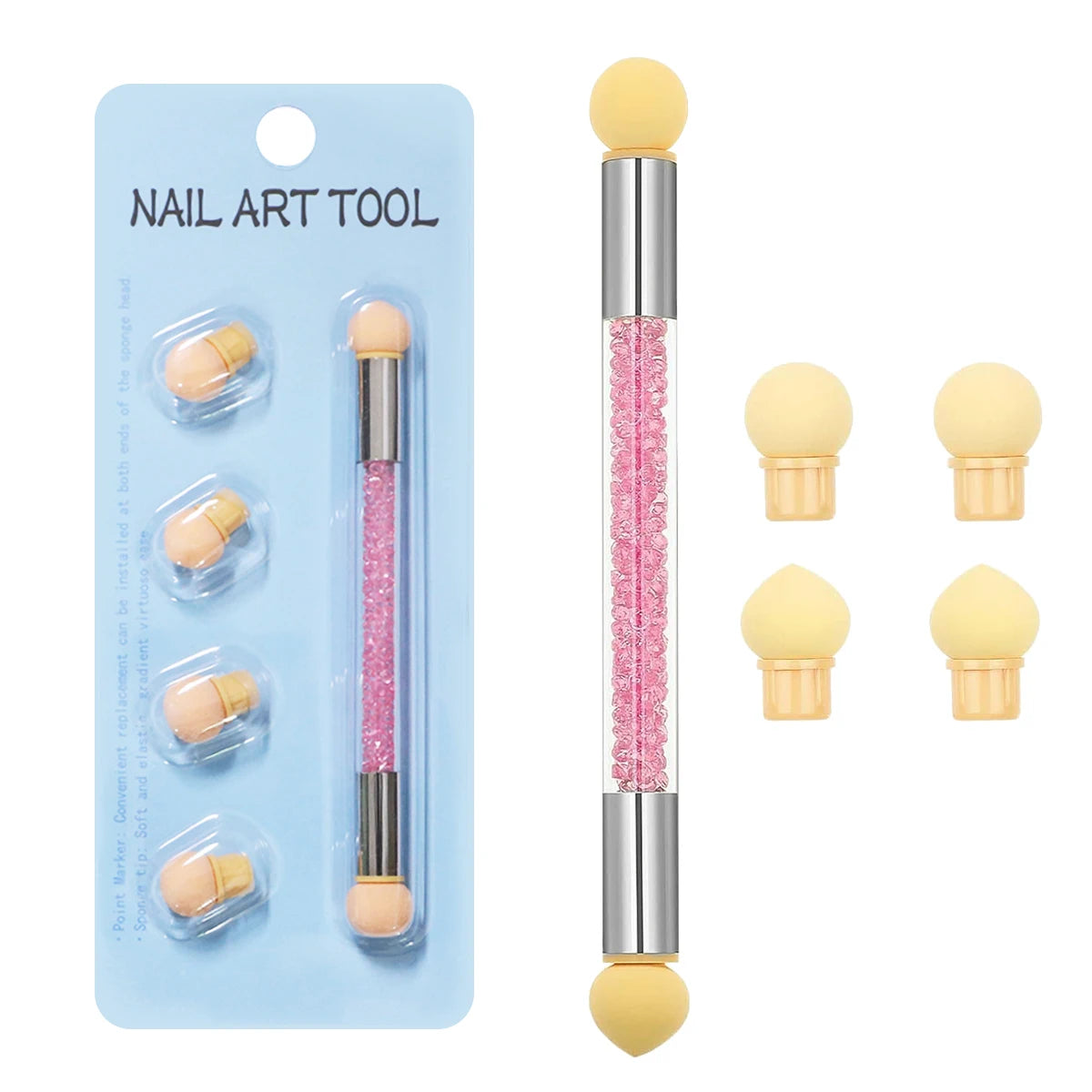 Professional Double Head Acrylic Nail Brush Set Metal Handle UV Gel Gradient Painting Pen 4 Replaceable Sponge Heads Custom Logo