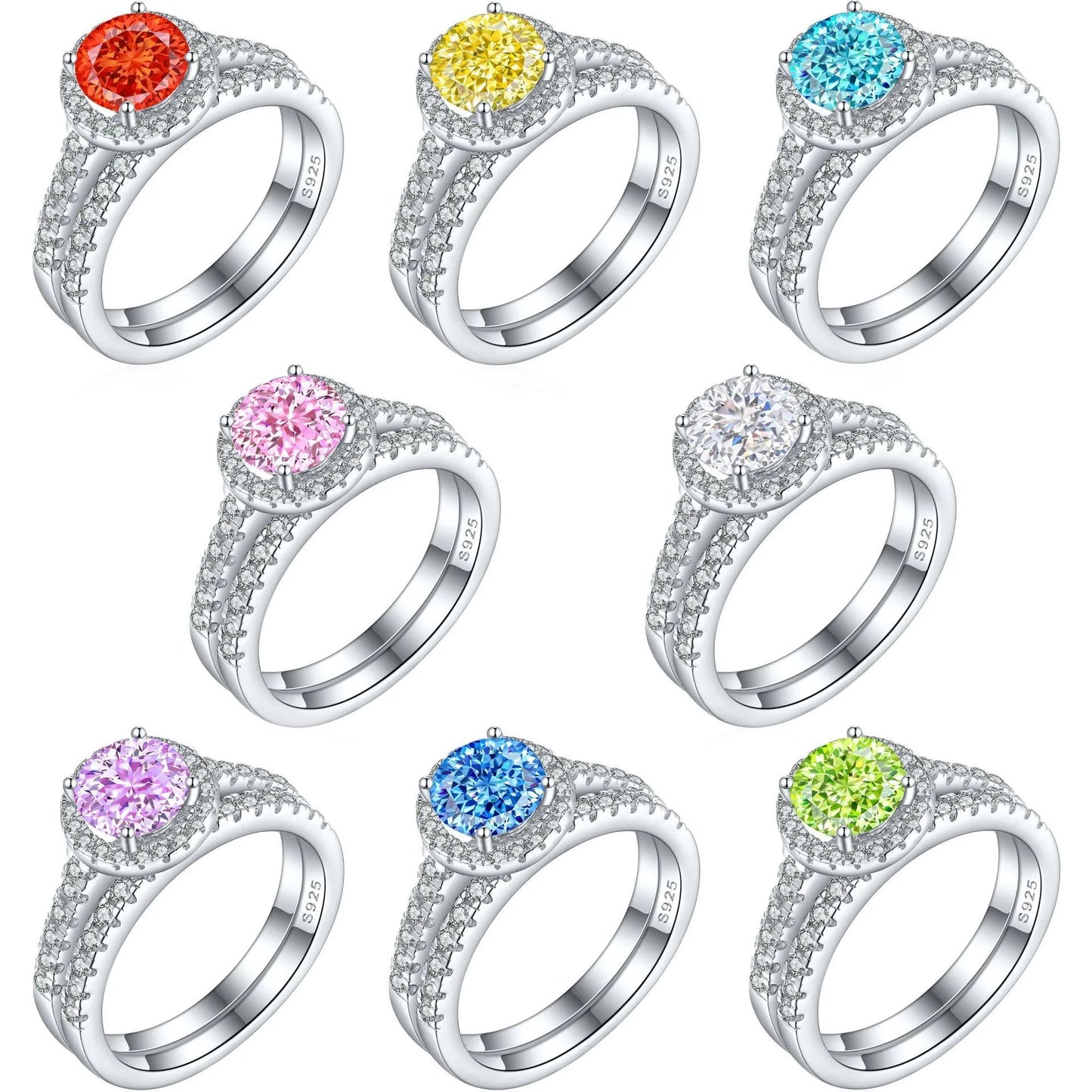Rhodium Plated 925 Sterling Silver Shiny Multi Colored Zircon Engagement Weeding Promise Proposal Jewelry Rings for Women